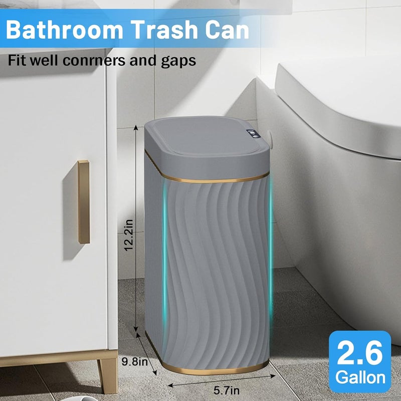 steo spce Bathroom Small Trash Can with Automatic Touchless Lid, 2.6 Gallon Smart Garbage Can Narrow Waterproof Trash Bin for Bedroom, Office, Living Room (Gold Grey) - Image 3